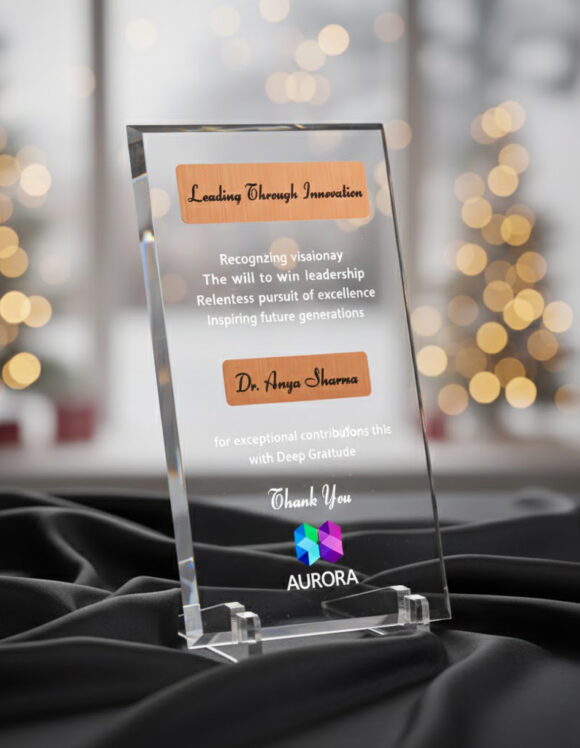 Premium acrylic memento with bronze crest for corporate recognition awards